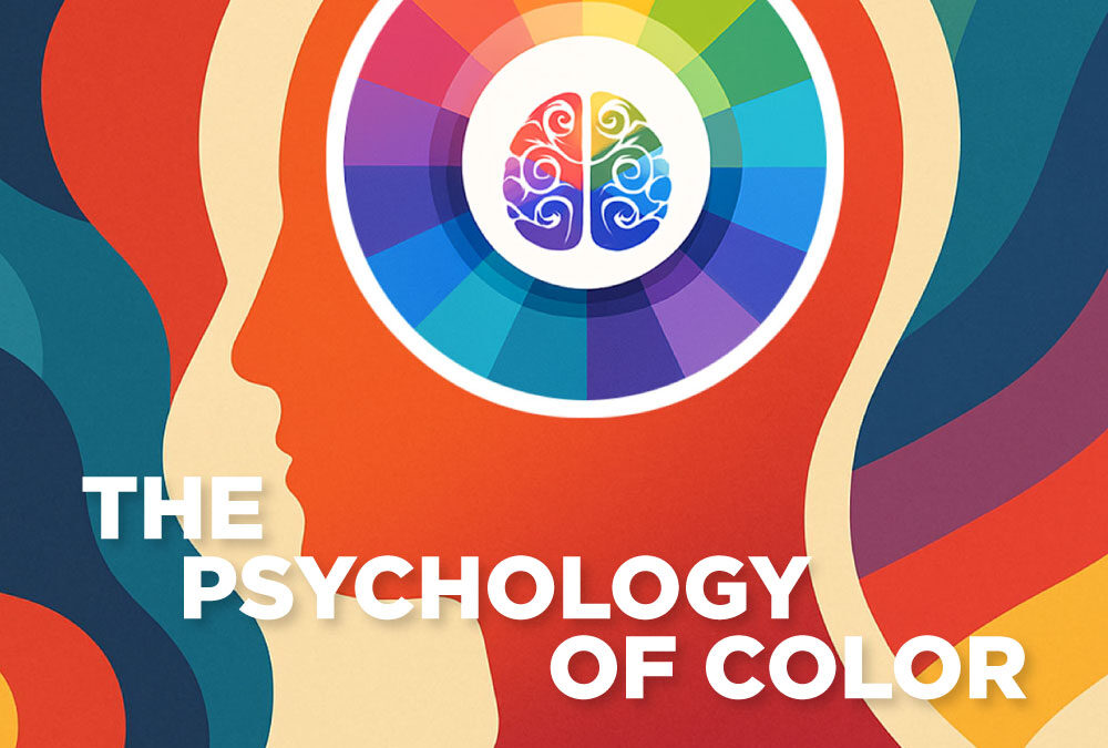 The Psychology of Color Header Image of a silhouette with the color wheel surrounding his brain.